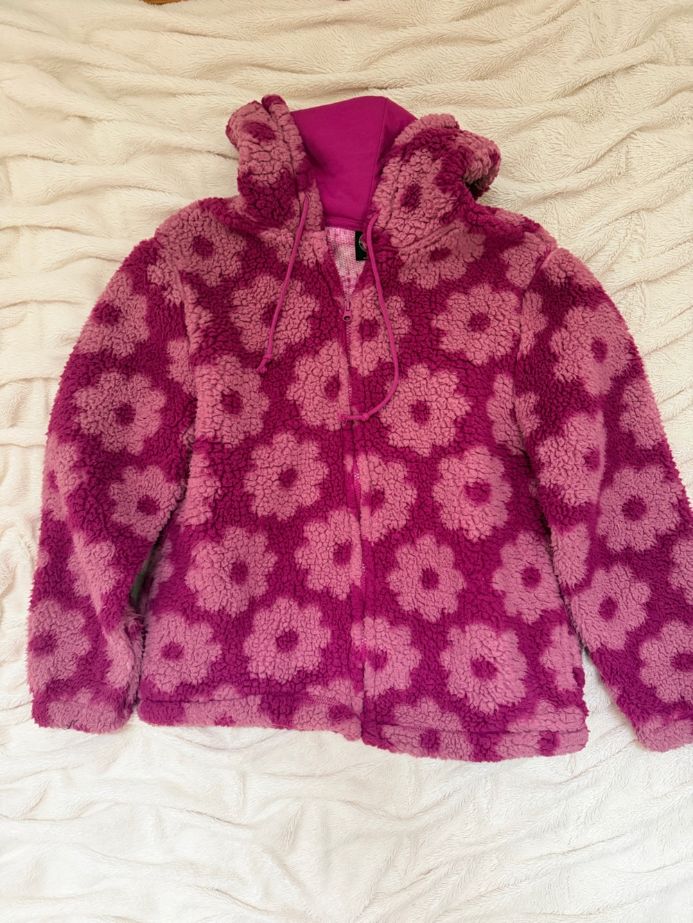 Pacsun floral sherpa fleece full-zip hooded jacket pink/magenta Sz M